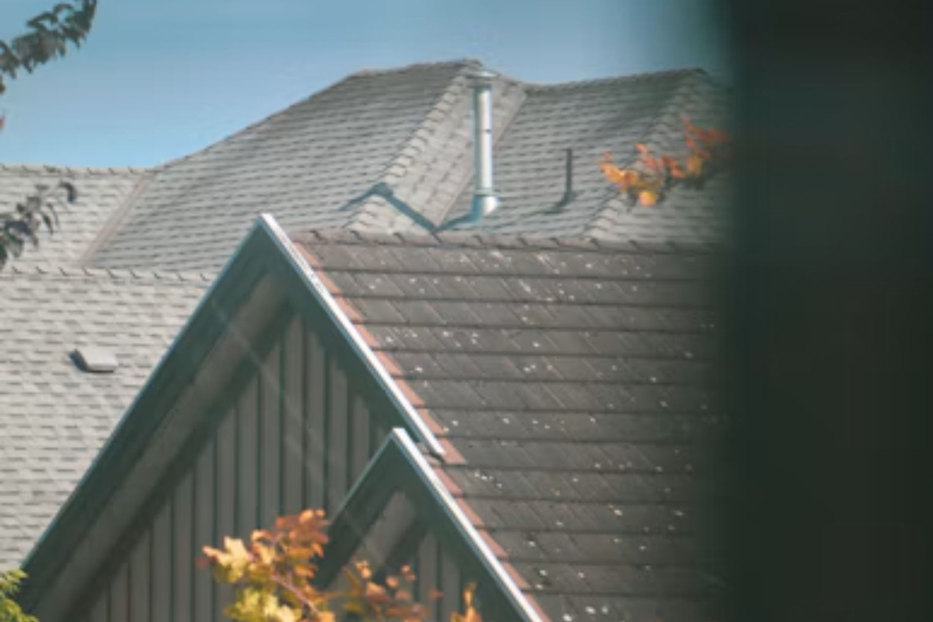 Residential roof with clean dark asphalt shingles, intact chimney flashing, and clear aluminum gutters amidst autumn trees.